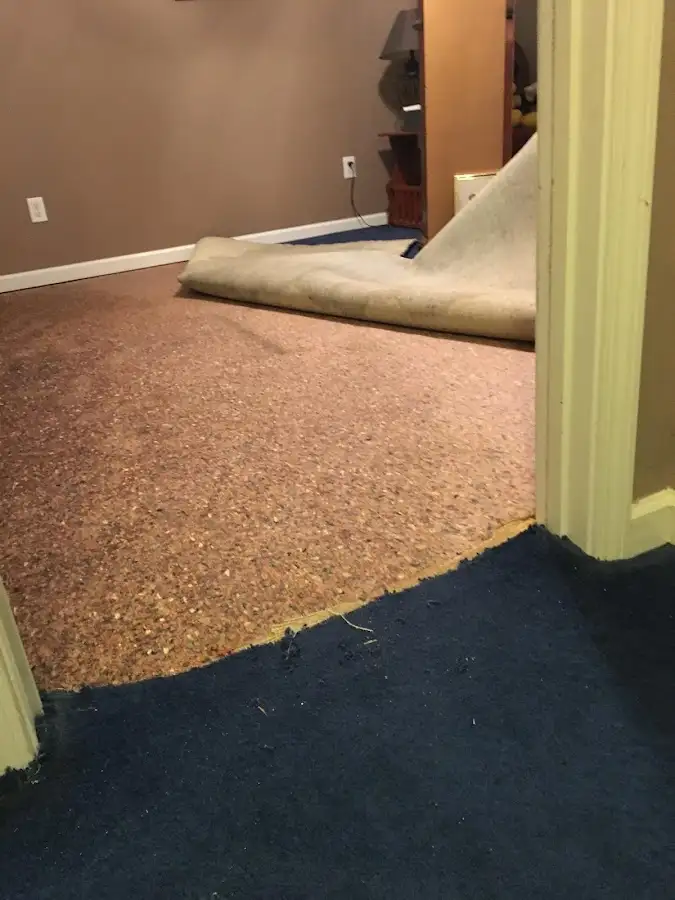 Carpet pad removal revealing water damage during Water Mitigation Services in Seward